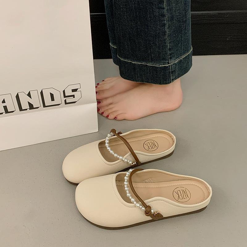 

Flat-bottomed slippers women s summer outer wear new fashion buckle casual one-word drag seaside beach cool slippers 40 бежевый