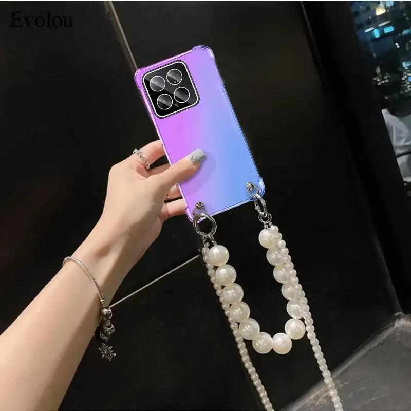 Pearl Chain Crossbody Lanyard Case For Xiaomi POCO X7 Pro X 7 X7Pro Rainbow Gradient Soft TPU Shockproof Cover For Redmi Turbo 4