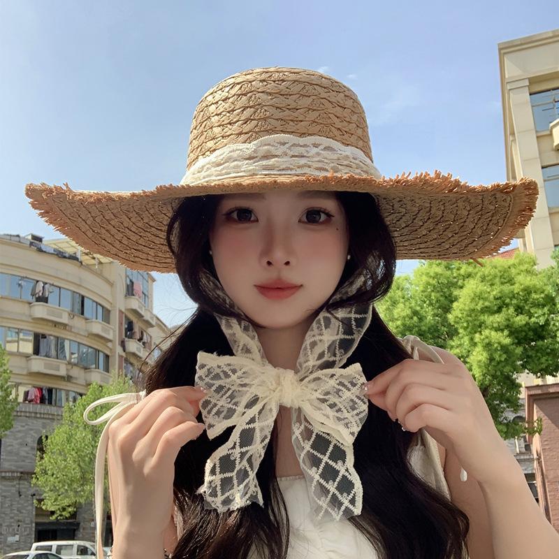 Women's Summer Lace Straw Woven Hat Breathable Sun Protection Hat Beach Vacation Wide Brim Sun Hat