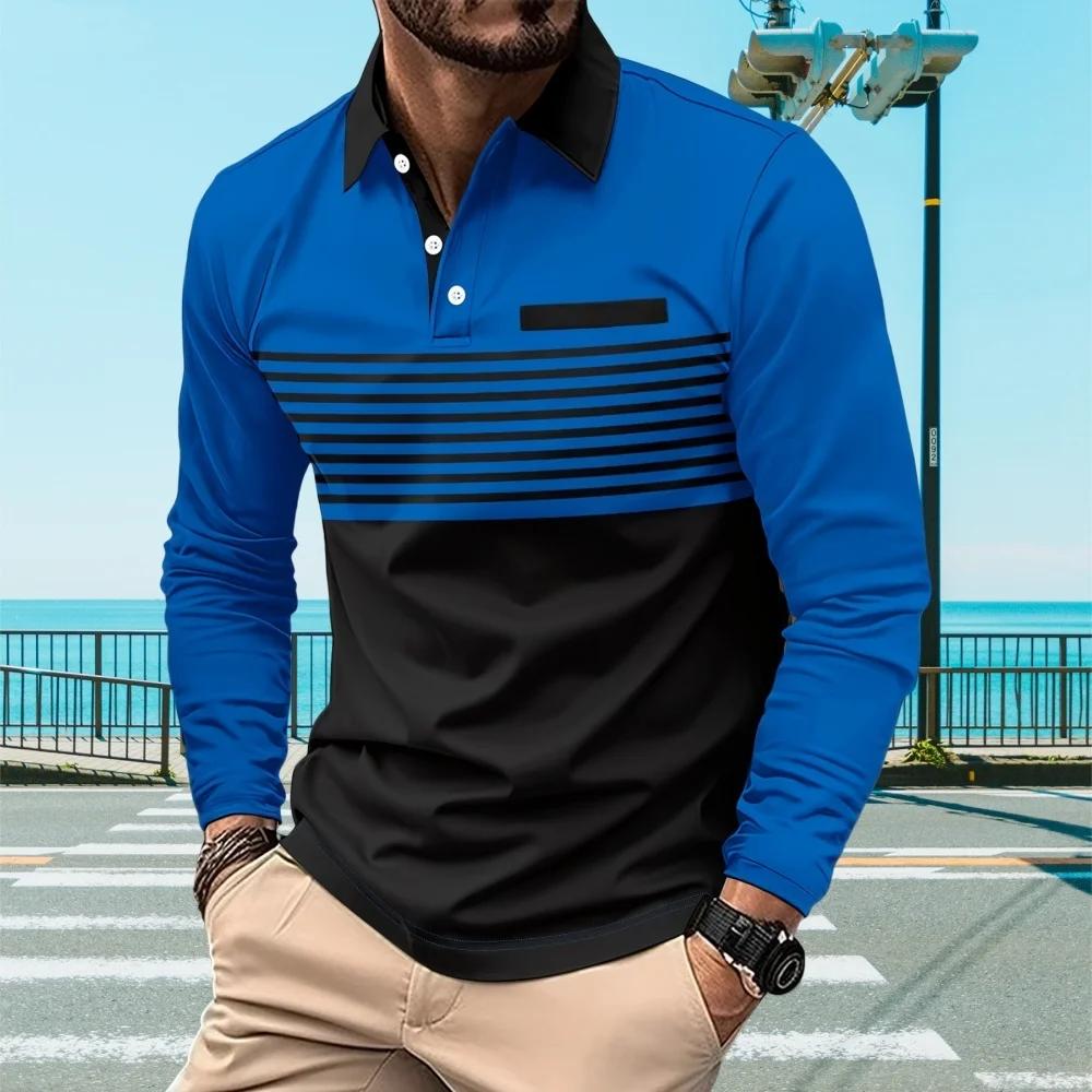 Mens Polo Shirts 3D Stripe Colorblock Print Fashion Sports Lapel Golf T-Shirt Men Tops Casual Long Sleeve T-Shirt Man Clothes