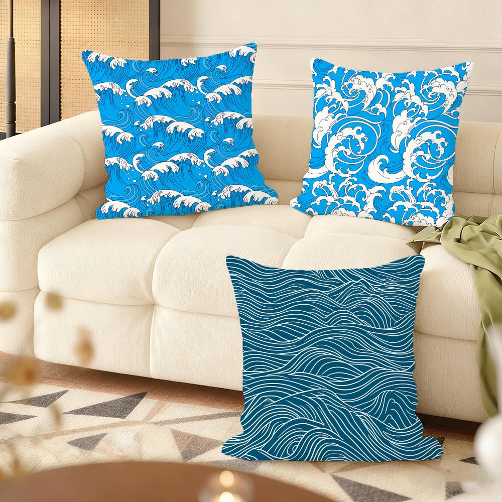 Ocean Waves Cushion Cover Soft Short Plush Pillow Cover Smooth Cozy Texture Aesthetic Cushion Case Home Decor