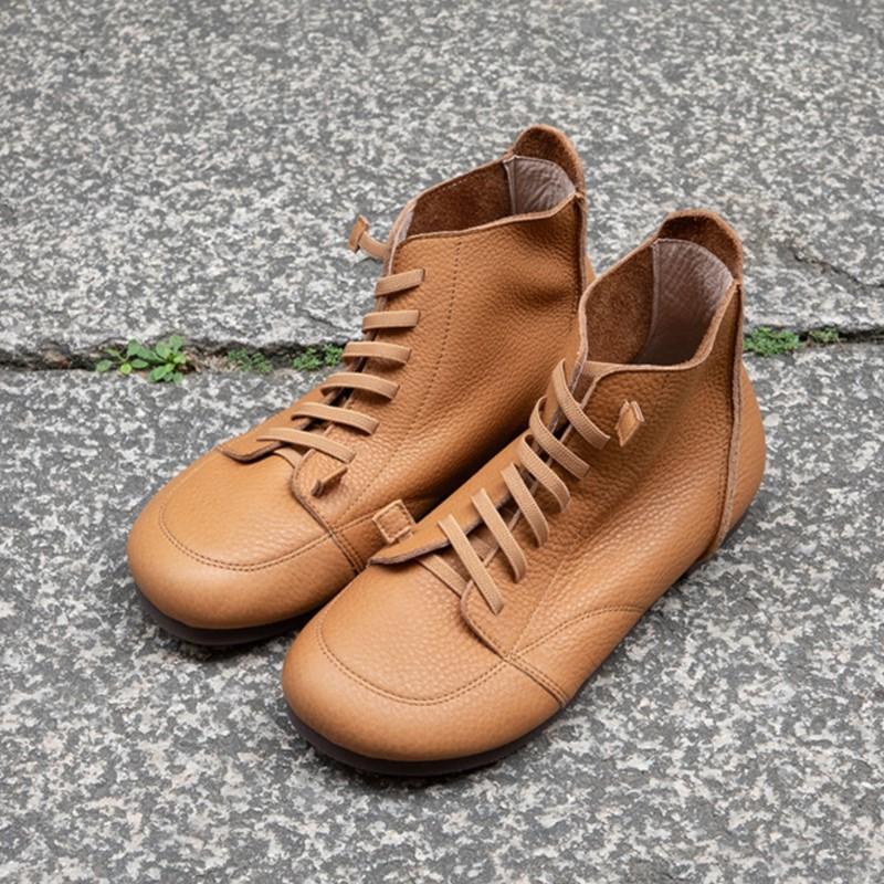Johnature Handmade Genuine Leather Flat Ankle Boots Casual Soft Cowhide Soft Soled Women's Shoes