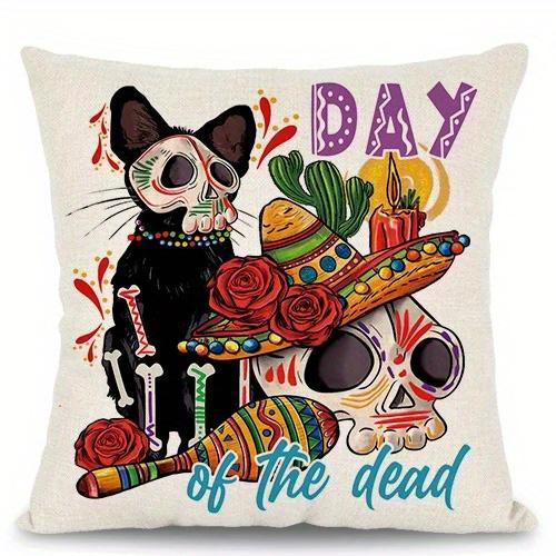 Home Decor Day Of The Dead Cat And Skull Pillows Pattern Cushion Cover Suitable For Sofa Bedroom Car Pillow Cover