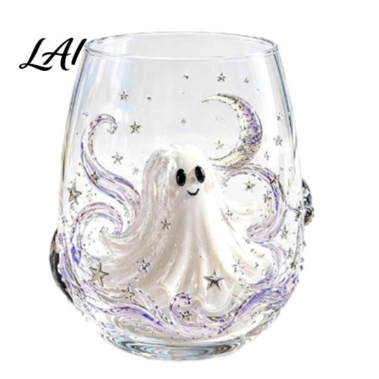 Durable Glass Coffee Mug Halloween Ghost Whiskey Glass Black Cat Spider Net Skull Tumbler for Unique Wine Cocktail 350ml Spooky Drinkware Home Bar,