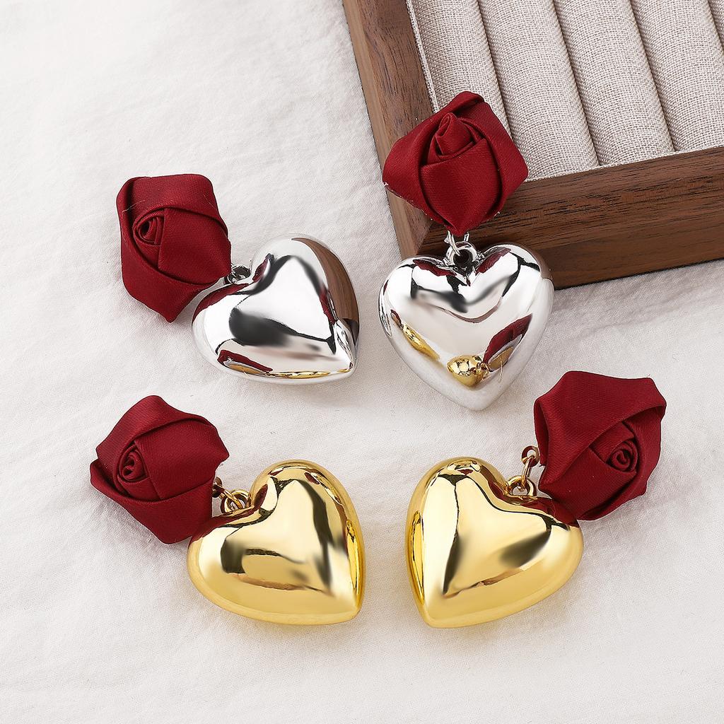 E13253 European American Style 3D Rose Heart Pendant Earrings, Romantic Valentine's Day Versatile Stylish Earrings