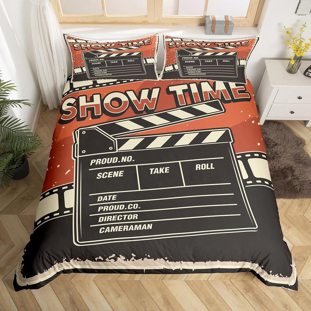 Movie Theme Duvet Cover Movie Theater Decor Bedding Set Full King Vintage Cinema Ticket Clapboard Popcorn Print Comforter Cover