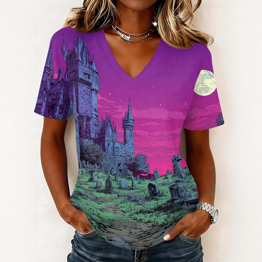 Women's Casual Short Sleeve V Neck Pullover Top Halloween Themed Graphic Print Lightweight Comfortable Fit
