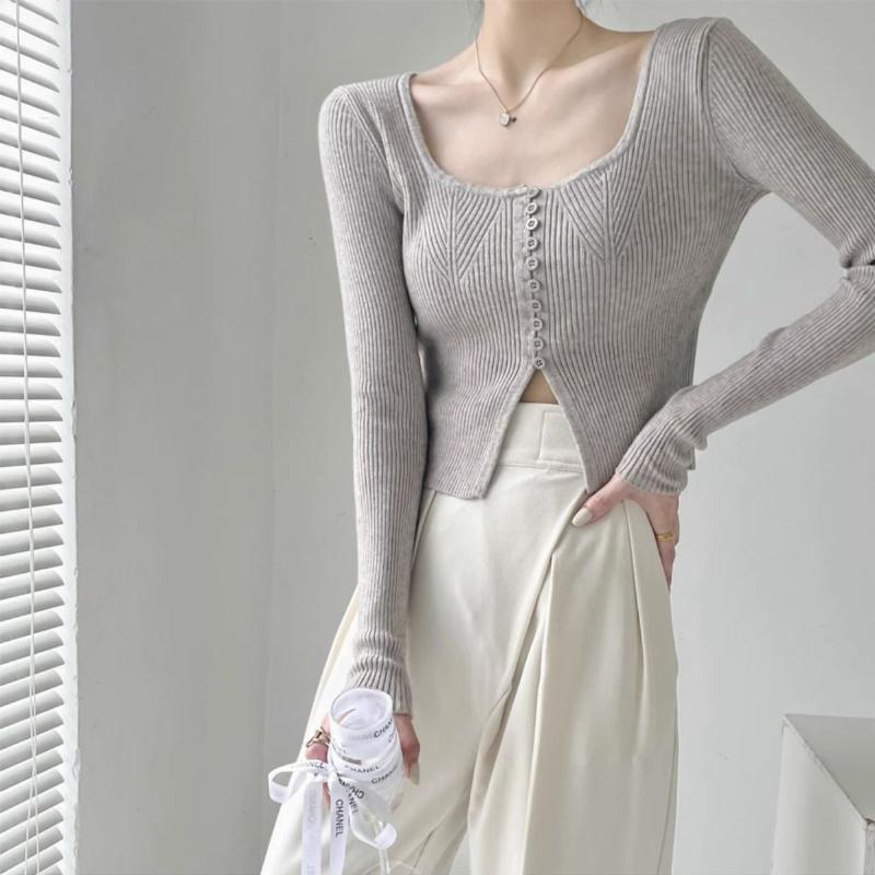 Japanese Retro Gentle Style Slim Fit Short Knit Top Inner Collarbone Exposing Sweater Women's Long Sleeve Base Layer