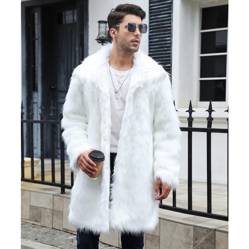 

Mens White Faux Fur Coat Lapel Collar Fluffy Warm Mid Length Jacket S белый