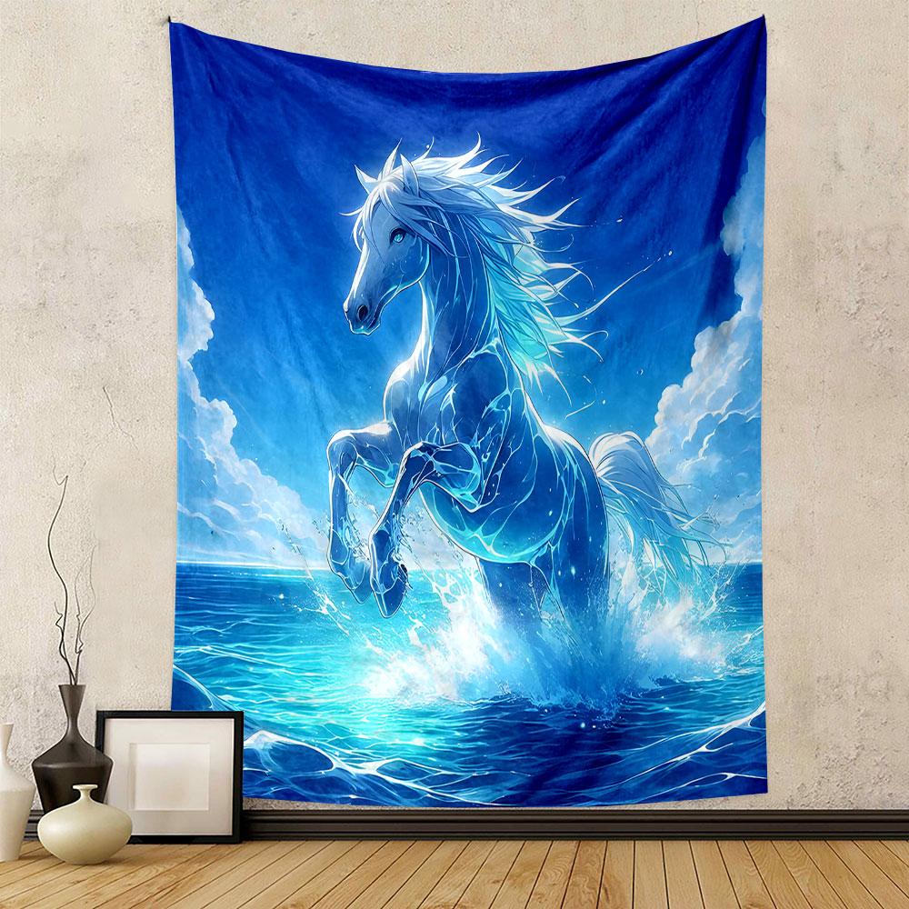 Glowing White Horse in Ocean Waves Patterned Tapestry Decorative Wall Hanging, Home Bedroom Living Room Decor