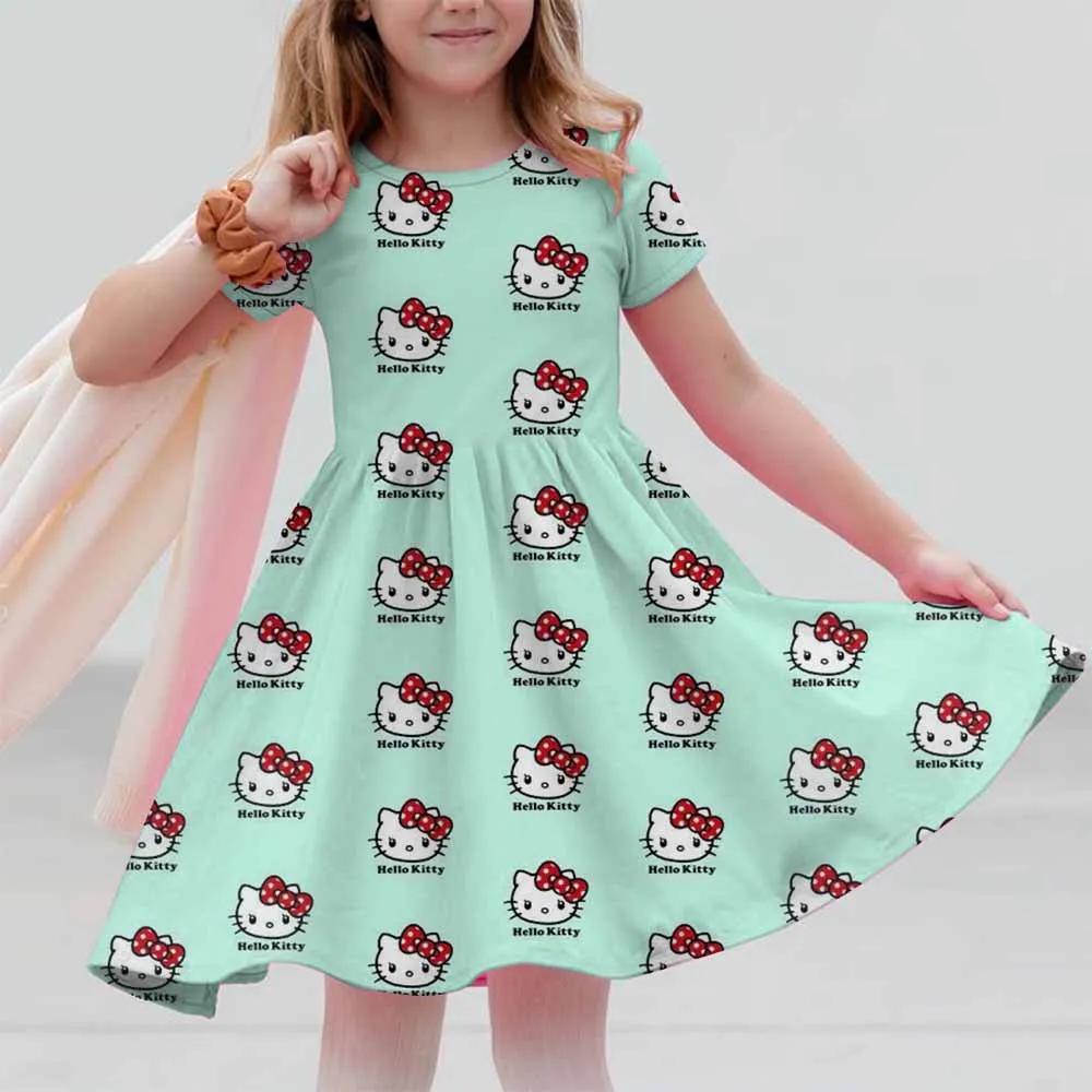 New Summer Dress Fashion Cartoon Cute Hello Kitty 3D Print Dresses Kids Short Sleeve Princess Girls Party Children Clothes