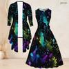 Women Plus Size Two Piece Set Black Multicolor Printed Three Quarter Sleeve Open Cardigan Sleeveless Crew Neck Tie Waist Flared Dress