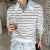 INCERUN Men Lapel Neck Long Sleeve Striped Patchwork Casual T-shirts Tops
