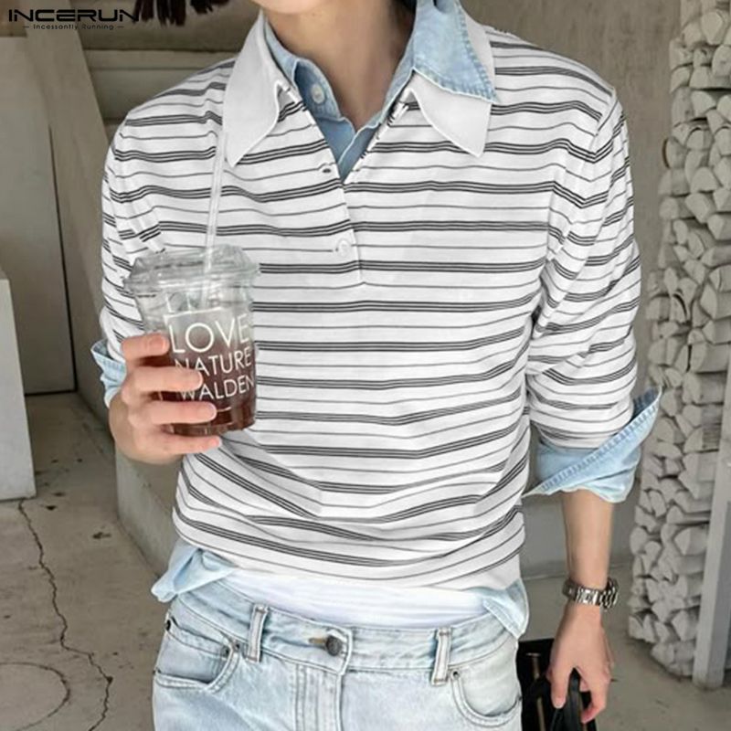 INCERUN Men Lapel Neck Long Sleeve Striped Patchwork Casual T-shirts Tops