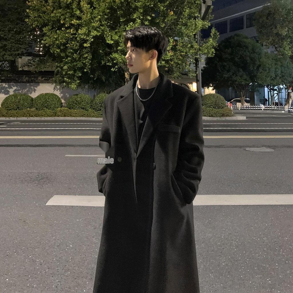 Pánsky sivý vlnený trenčkot – strednej dĺžky, hrubý, voľného strihu, nad kolená, kórejský štýl, jeseň/zima