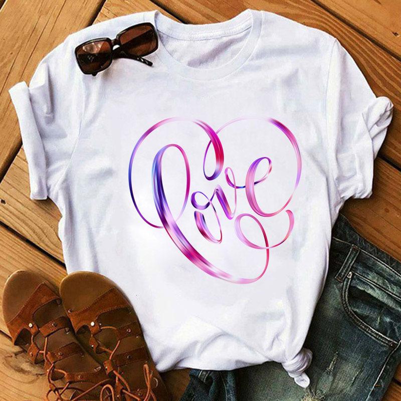 Summer Love Love Printed Fashion Cartoon White Loose Round Neck Pure Cotton Short Sleeved Top T-Shirts Women’s