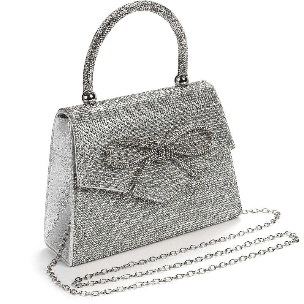 Harugio Sparkly Rhinestone Party Bag, Chain Bag, Women's, Small Mini Shoulder Bag, Handbag, Pouch, Ribbon, Silver, Stylish and Cute, Perfect for