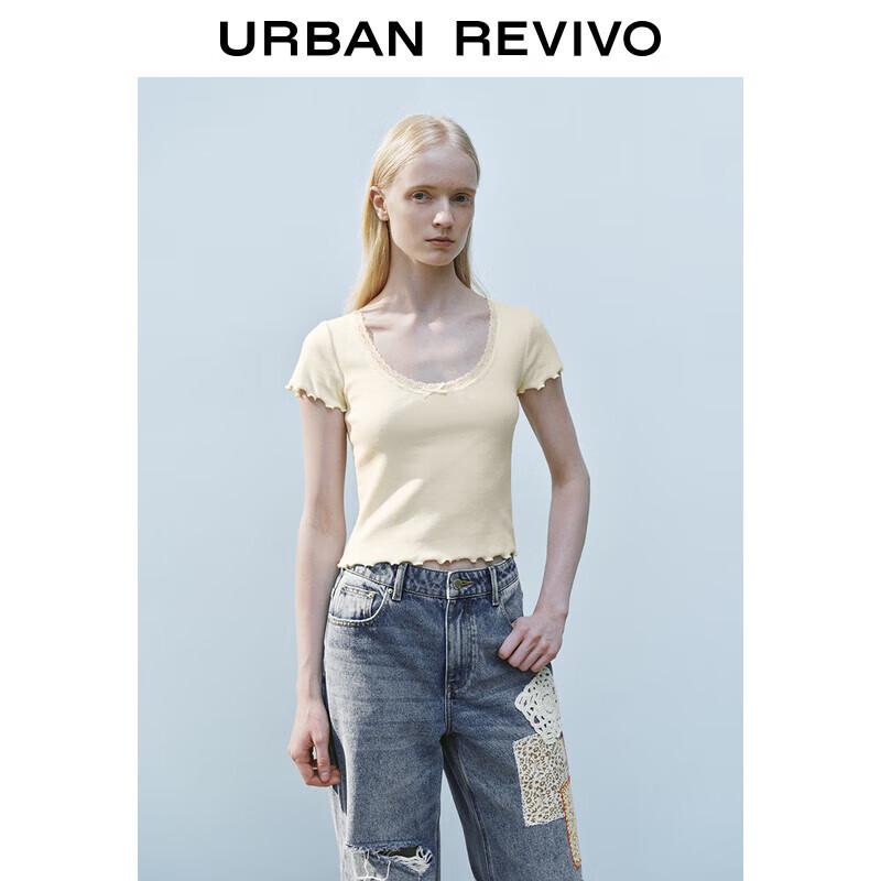 UR Women s Bowknot Lace Ruffle Short Sleeve T-Shirt L