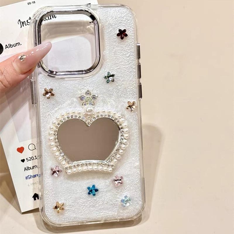 

Rhinestone Pearl Crown Mirror Mobile Phone Case For Iphone17Promax Epoxy Apple 15 Stars Female iPhone 7/8/SE 2020