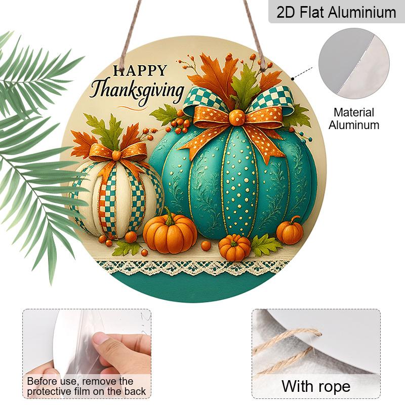 2D Flat, A Single Decorative Aluminum Wall Sign, Featuring a Round Design with The Words 'Happy Thanksgiving', Along with a Pumpkin And Autumn Leaf