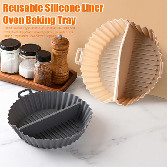 Round Silicone Fryer Liner Dual Handles Non Stick Food Grade Heat Resistant Dishwasher Safe Reusable Oven Baking Tray Basket Bowl Kitchen Supplies