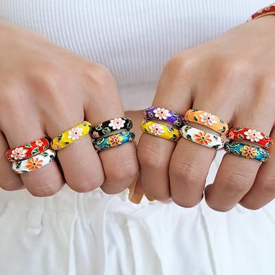 Vintage Colorful Enamel Flower Open Ring for Women Boho Style Trendy Gold Plated Oil Drip Round Circle Statement Jewelry Gifts
