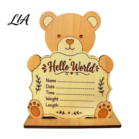 Baby Arrival Sign for Hospital Wooden Birth Announcement Sign, Cute Bear Hello World Newborn Welcome with Stand, Name Plaques Photo Props Shower