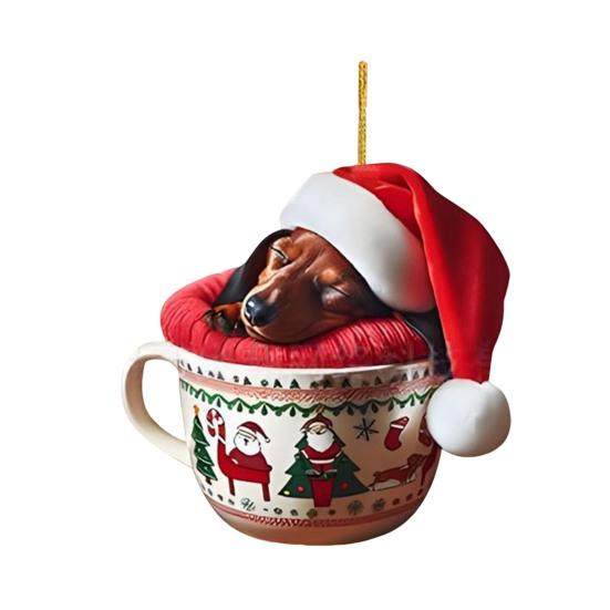 Dachshund Christmas Ornament Puppy In Mug Christmas Tree Ornament 2D Acrylic Dachshund Hanging Decor Gifts for Dog Lovers