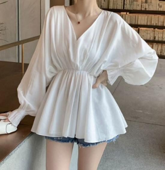 2025 Korean V-Neck Lantern Sleeve Waist-Cinching White Casual Chic Shirt for Women