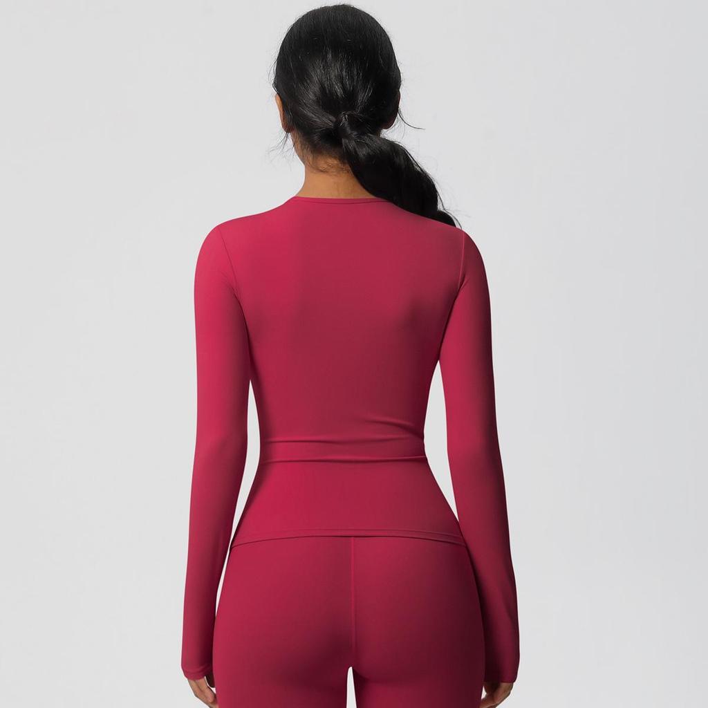 European-American Slim Fit Long Sleeve Yoga Top - Nude, Brushed Feel, Round Neck, High-Intensity Running & Fitness Wear