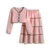 Girls' Fashionable Outfit - Summer Children's Elegant Solid-color V-neck Bow Tie Long-sleeved Shirt and Sweet Half-length Skirt Set