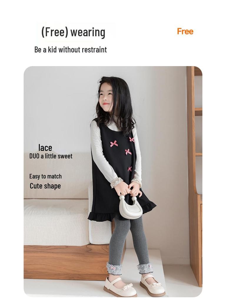 Girls' Brushed Cotton Leggings with Bow & Lace Trim - Autumn/Winter Fleece, Nine-Point Length