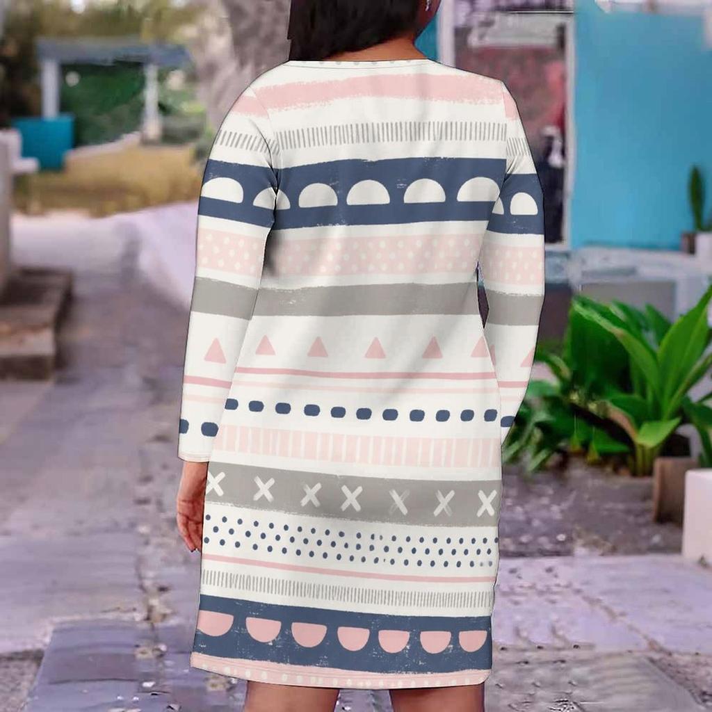 Women Plus Size V Neck Long Sleeve Printed Fitted Straight Hem Dress