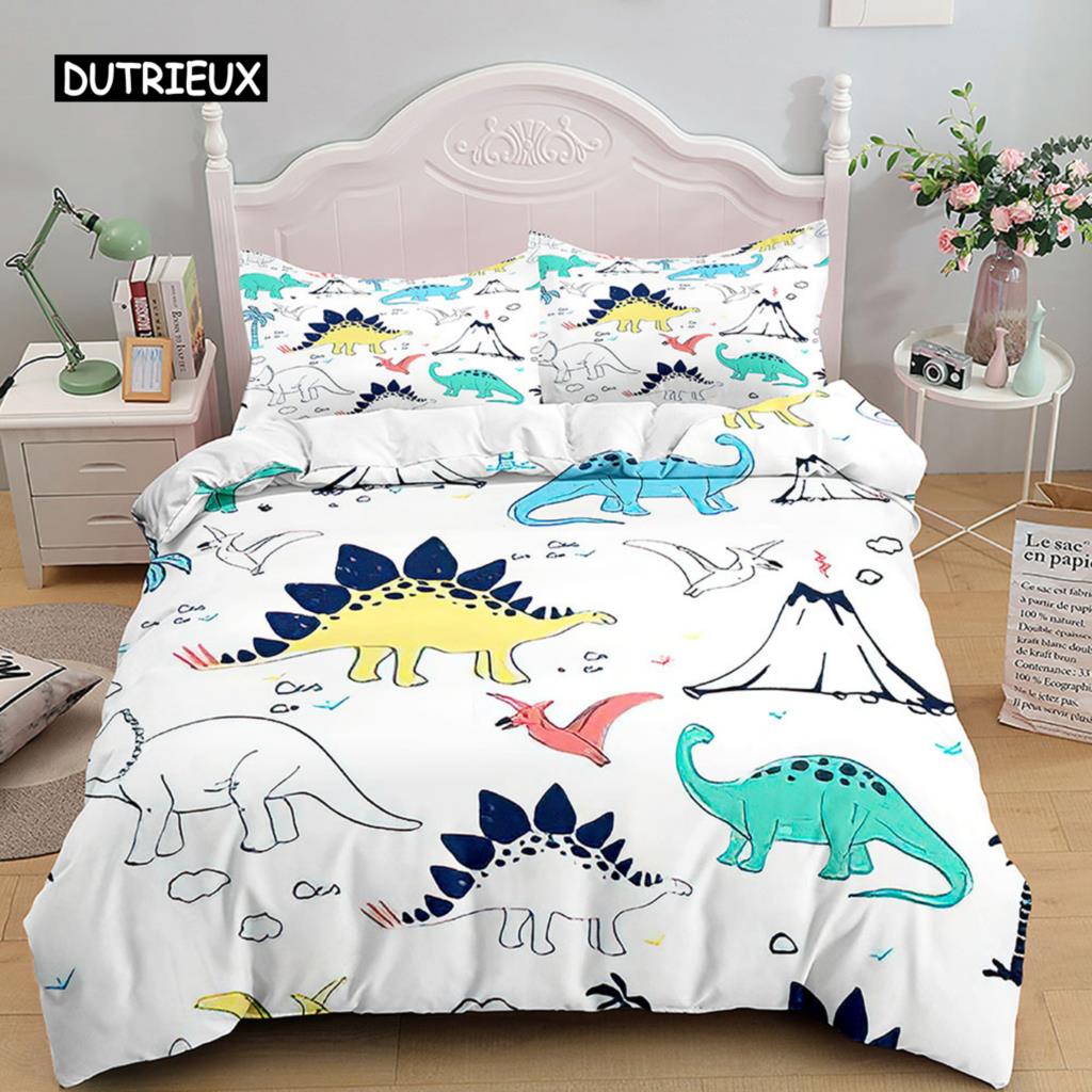 Cartoon Dinosaur Duvet Cover 3D Kawaii Animal Boy Bedding Set for Kids Girls Soft Microfiber Quilt Cover with Zipper Closure