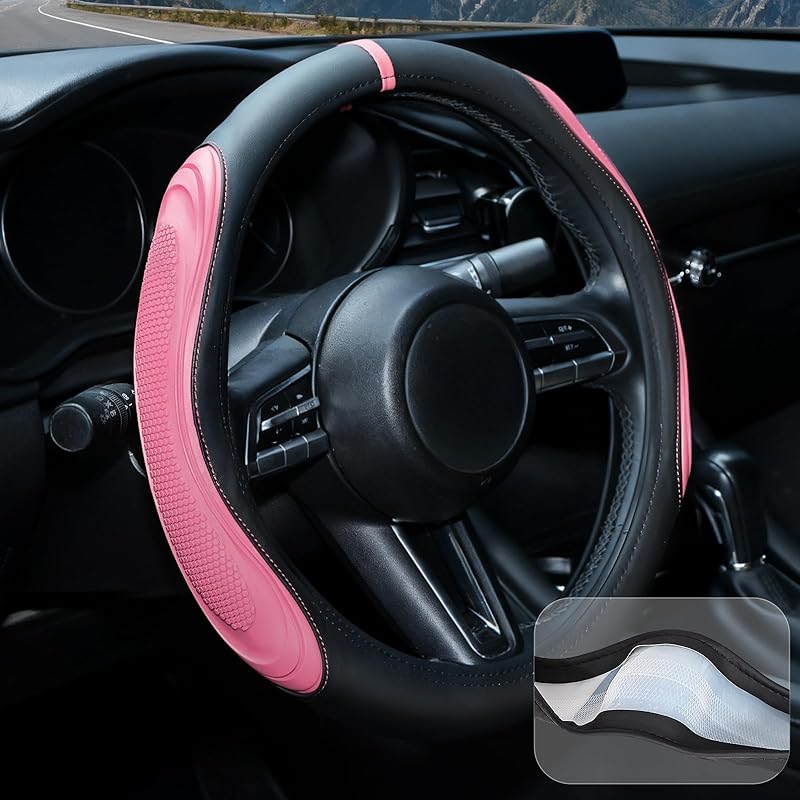 XCBYT Steering Wheel Cover - Black Leather Steering Wheel Wrap Great Grip With 3D Honeycomb Quick And Effortless Tallation Non-Slip Silicone Inner