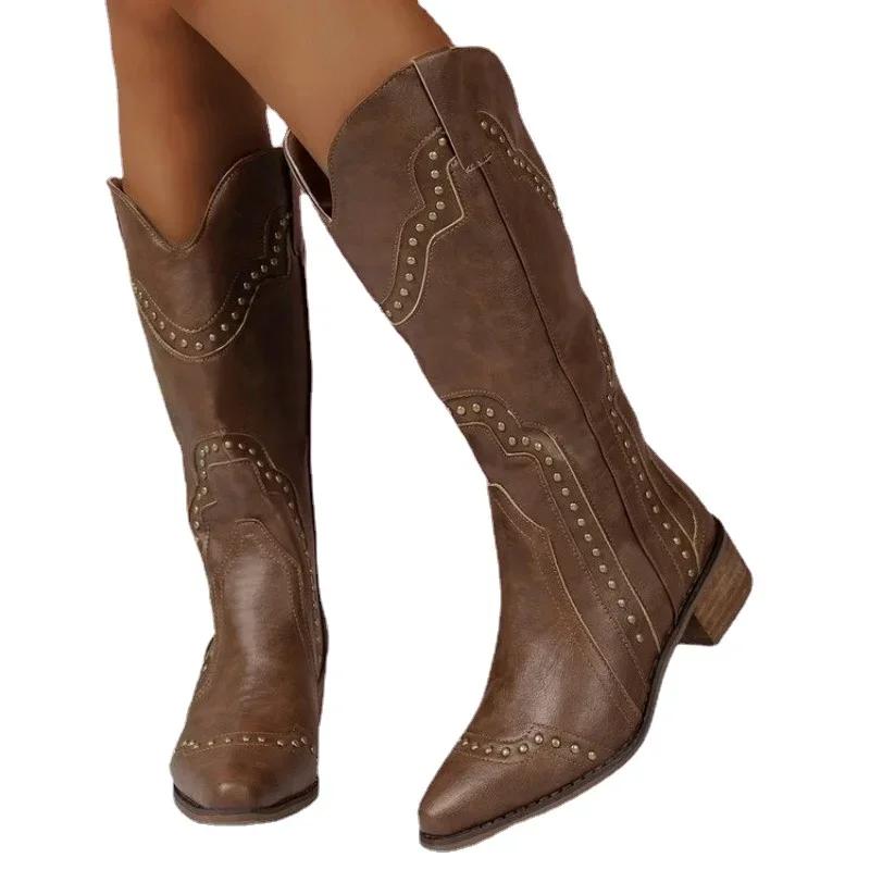 New Shoes Female Mid-Calf Women's Boots Retro Modern Boots Women Rivet Sewing Pointed Toe Slip-on Chunky Heel Shoes Women