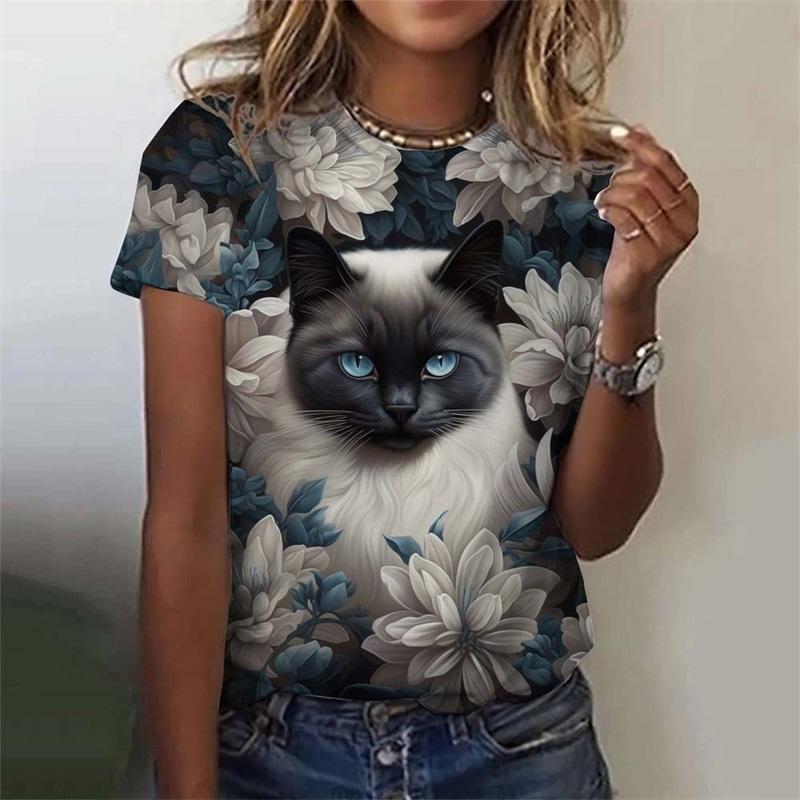 Damen T-Shirt für Mädchen 3D-Druck Niedliches Katzenmuster Oberteile Sommer Lässig Mode