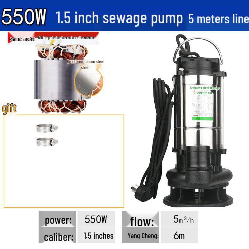 Stainless Steel 220V Small Submersible Water Pump for Household, High Head, Agricultural, and Sewage Use.