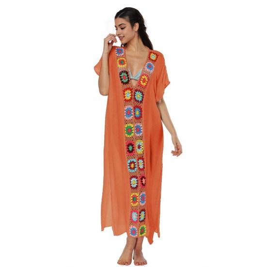Women Summer Cover Up Dress V-Neck Short Sleeve Crochet Flower Decor See-through
