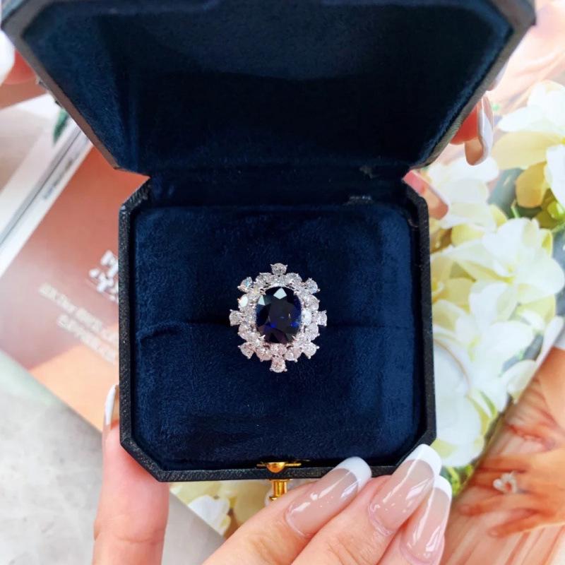 High-End Women's Open Sapphire Ring with Full Diamond Inlay, Sparkling Gemstone, Versatile Douyin Style