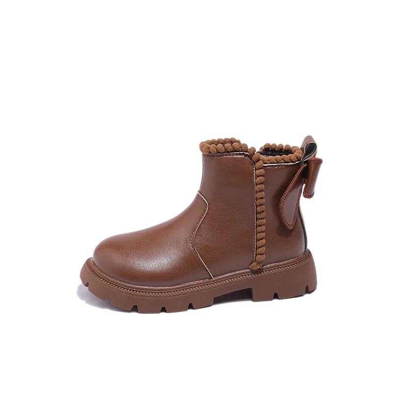 2024 Children Leather Shoes for Girls Autumn Winter New Fashion Korean Style Soft Bottom Anti-slippery Versatile Short Boots