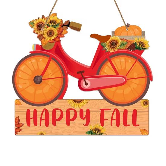 Fall Porch Sign Wall Hanging, Vintage Autumn Bicycle Decor with Pumpkins Sunflowers HAPPY FALL, Waterproof PVC Board for Outdoor Indoor A