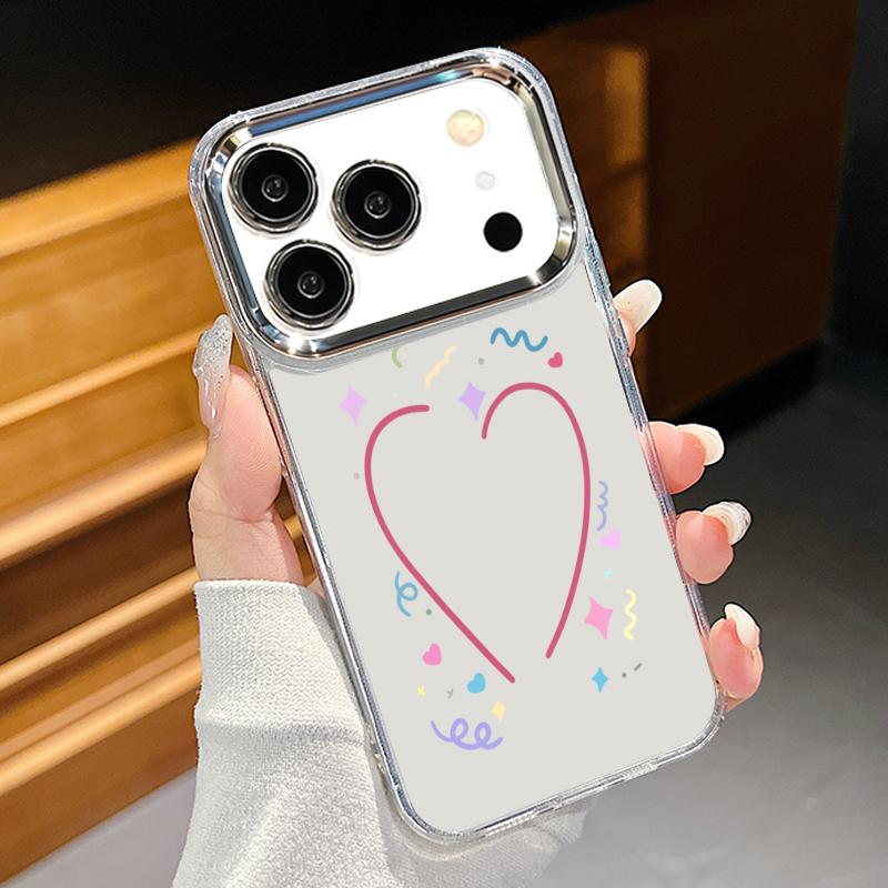 Silky Love Hearts Pattern Case For iPhone 17 Pro Max Plating Lens Frame Clear Soft Cover For iPhone 16 15 14 13 Pro Max 11 16E 17E