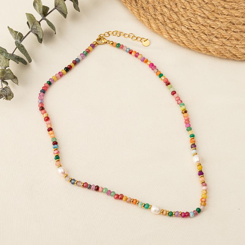 GEMCHIC Women s Colorful Natural Stone Beaded Necklace Vintage Bohemian Style Titanium Steel Choker золотой