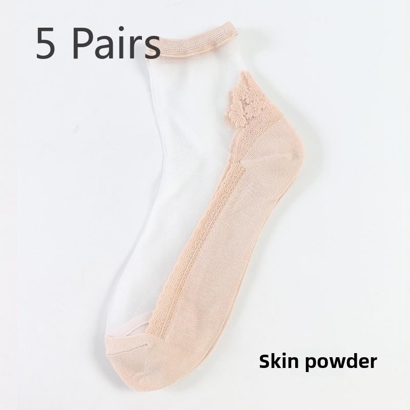 5 Pairs Fashion Breathable Glass Silk Women's Cotton Socks Crystal Stockings Comfortable Light Small Fresh