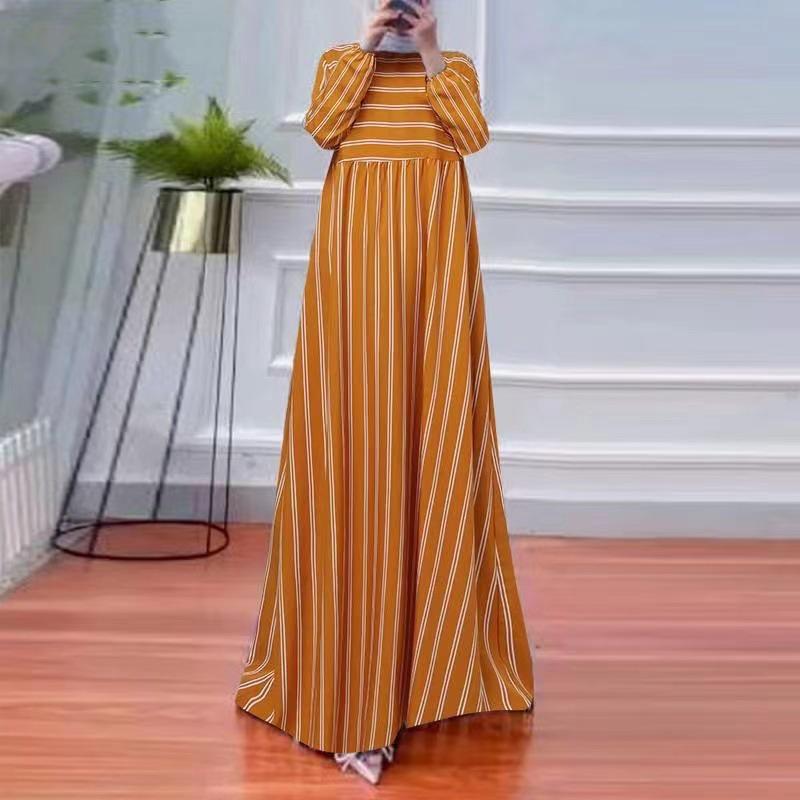 2024 Striped Loose-Fit Muslim Maxi Skirt with Long Sleeves and Round Neck - Extra Large