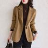 Women Camel Tweed Blazer Short Coat Autumn Winter Fashion Long Sleeve Wool Jacket Petite Outerwear