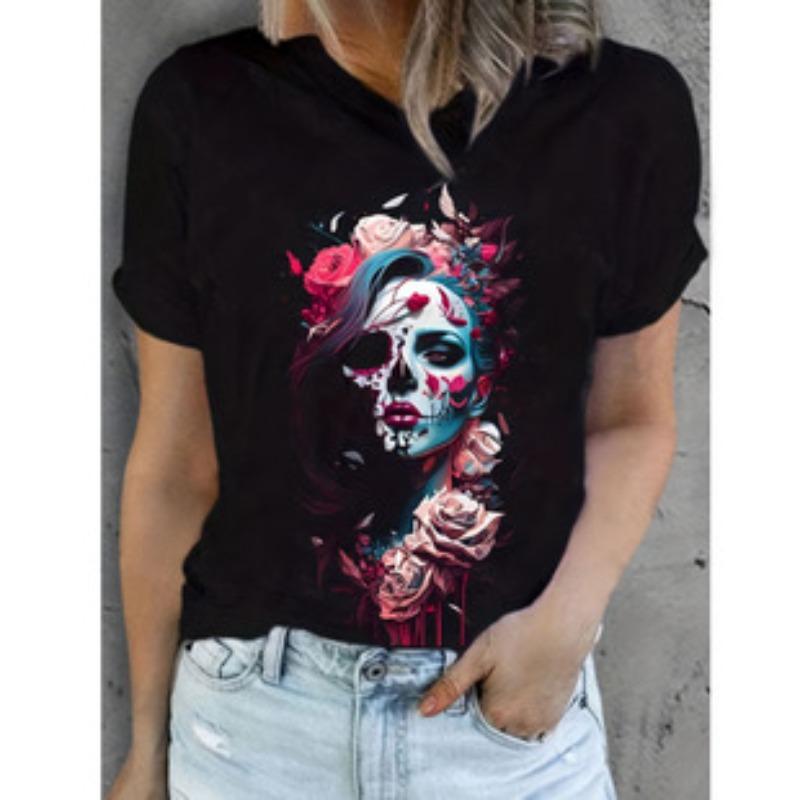 Summer Round Neck 3D Kull Print Top Fashionable Casual Short Sleeved Women's T-shirts