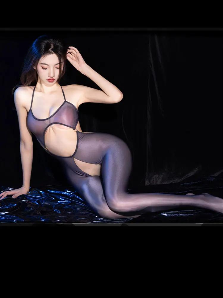 Smooth Shiny Hollow Out Jumpsuit Women's Sexy Open Crotch Bodysuit Halter Sheer See Through Tights Night Wear Leotard