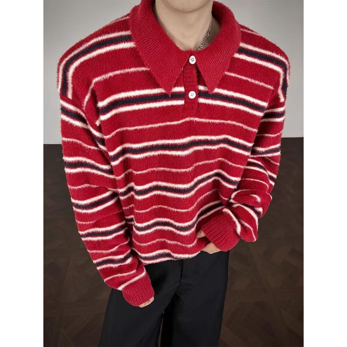 Men s Retro Striped Polo Neck Sweater – Autumn/Winter High-End Knitwear XXL